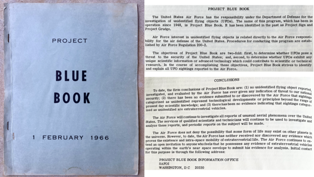 Existoval program amerického letectva, který zkoumal tvrzení o létajících talířích a nazýval se Project Blue Book (Projekt modrá kniha).