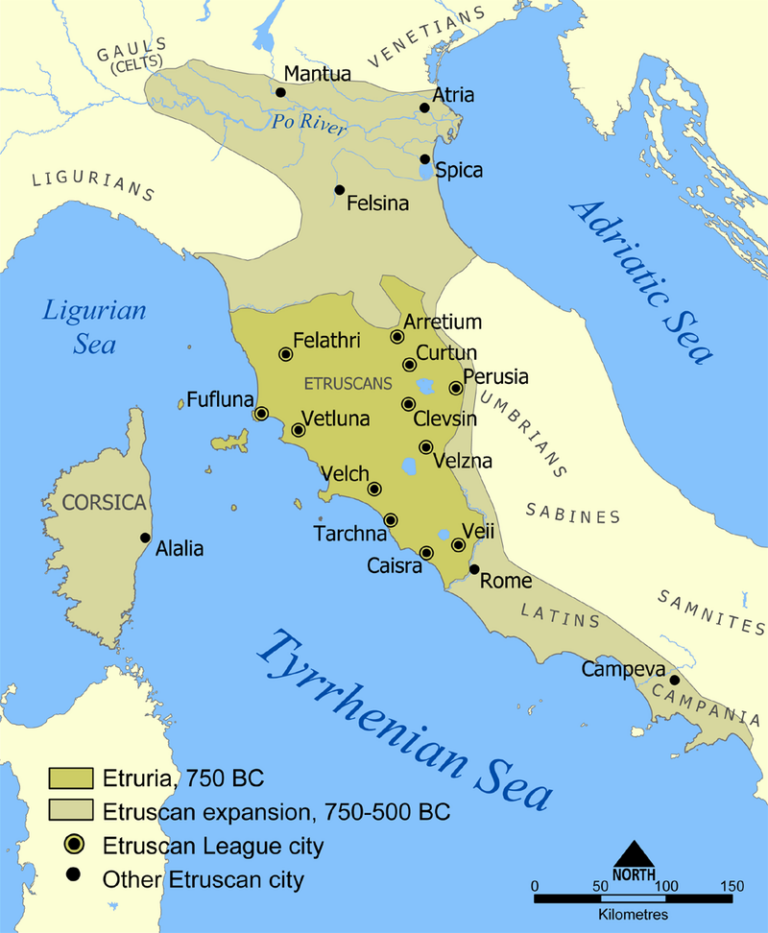 Mapa ukazuje rozsah Etrurie a etruské civilizace. Zahrnuje 12 měst Etruské ligy a významná města založená Etrusky. Data na mapě jsou přibližná.