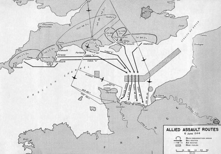 Tato mapa ukazuje hlavní trasy spojeneckého útoku během operace Overlord na plážích Normandie 6. června 1944, což bylo klíčové pro úspěch invaze a osvobození Francie.