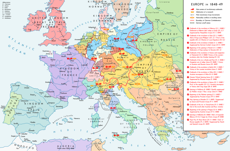 Mapa Evropy v letech 1848–1849 zobrazující hlavní revoluční centra, důležitá kontrarevoluční vojsková hnutí a abdikované státy.