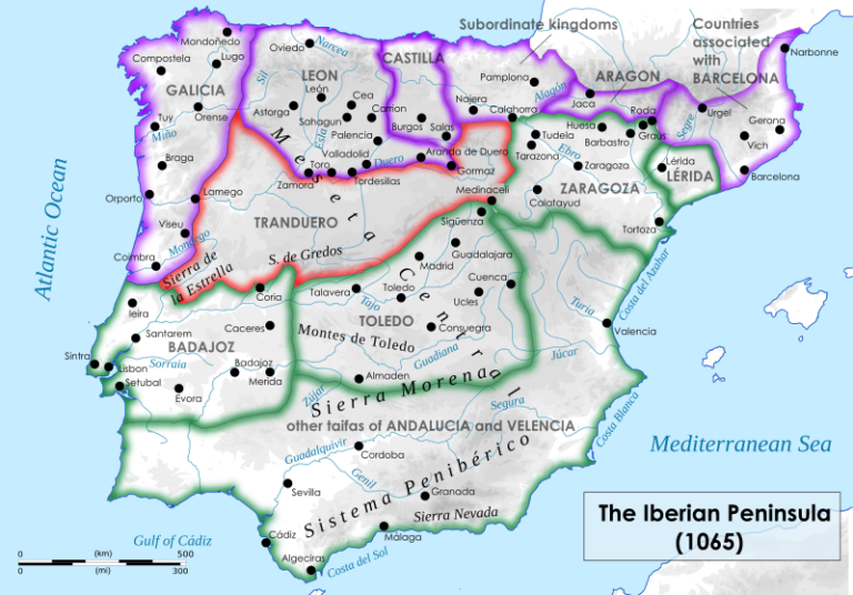 Obrázek křesťanských a muslimských držav v Ibérii v roce 1060.
