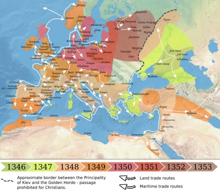 Mapa znázorňující šíření černé smrti v Evropě mezi lety 1346 a 1353.