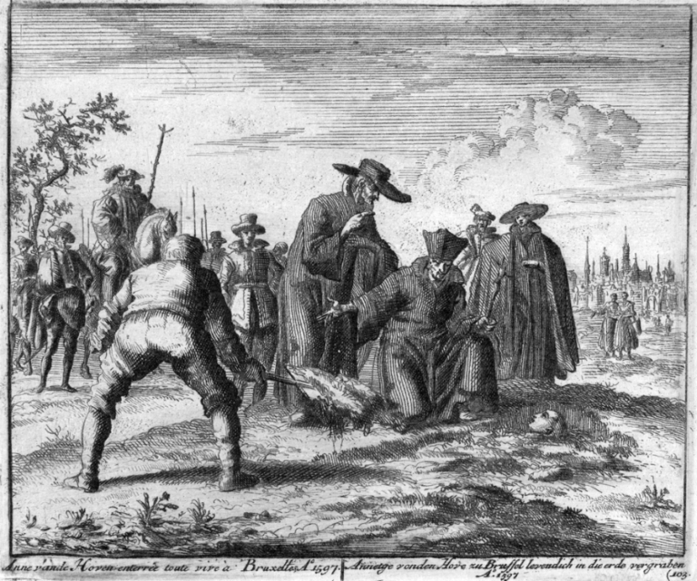 Anabaptistka Anna Utenhovenová pohřbená zaživa ve Vilvoorde v roce 1597. Na kresbě je její hlava stále nad zemí a kněz ji nabádá, aby se zřekla své víry, zatímco kat je připraven ji po jejím odmítnutí zcela zakrýt. Foto: Jan Luyken (1649-1712)/Creative Commons/Public Domain