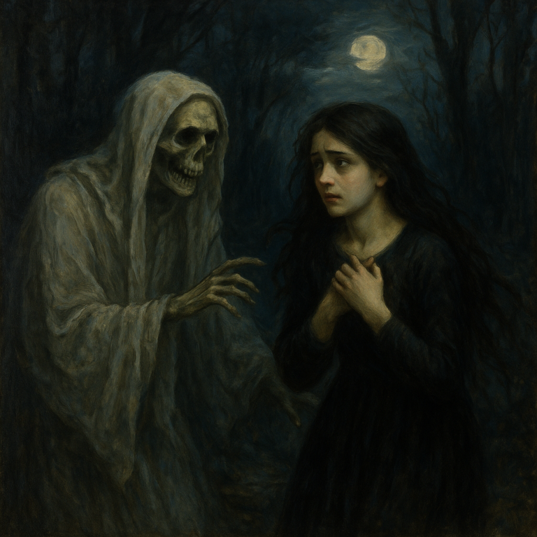 Dívka prchající před mrtvým ženichem v temném lese – ikonická, mrazivá scéna inspirovaná Erbenovou Svatební košilí.