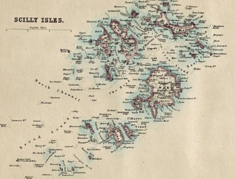 Ostrovy Scilly, mapa z roku 1874. Foto: https://cornovia.org.uk/maps/bartholomew02.html/Creative Commons/Public Domain