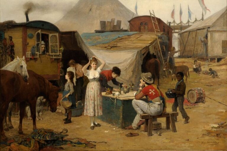 Tábor cirkusáků ve 30. letech 20. století. Dnes už ba se podobná tragédie, jaká se stala slonici Mary v cikruse přihodit nemohla. Foto: Hugo Oehmichen (1843–1932)/Creative Commons/Public Domain