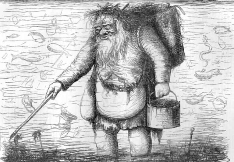 Otec Temže je zobrazen jako špinavě vypadající tulák a řeka jako úložiště špíny a průmyslového odpadu. Foto: Punch Magazine/Creative Commons/Public Domain