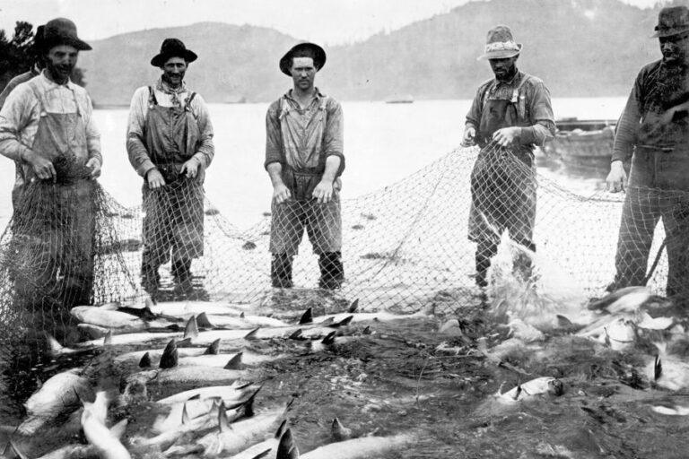 Lov lososů na řece Kolumbia v roce 1914. Foto: Geologická služba Spojených států amerických/Creative Commons/Public Domain