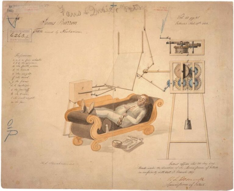 Různí lidé se pokoušeli sesterojit ochlazovací zařízení. Patentový výkres pro ventilátor pohybovaný mechanismem , vynalezený Jamesem Barronem, 27. listopadu 1830. Foto: James Barron /Creative Commons/Public Domain