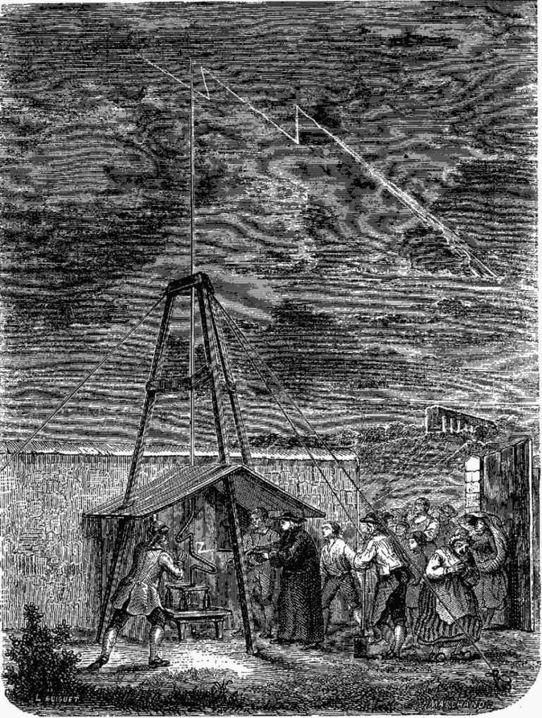 Thomas-François Dalibard jako první zachytí náoj z bouřkového mraku – zobrazení jeho experimentu. Slávu ale sklidí Benjamin Franklin. Foto: Louis Figuier (1819–1894) /Creative Commons/Public Domain