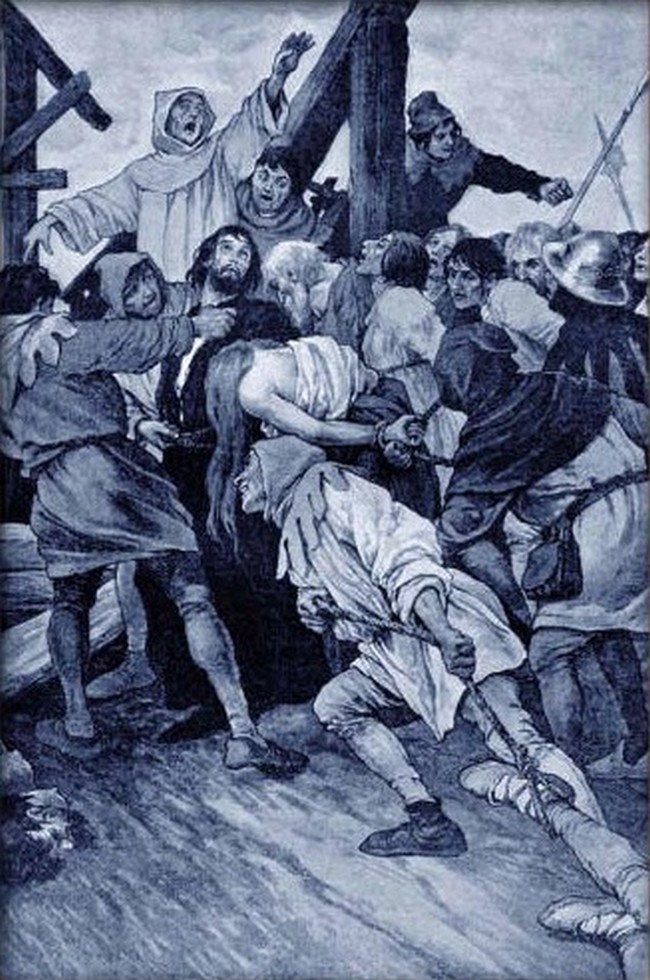 Kutnohorští havíři vrhají zajaté husity do šachet.