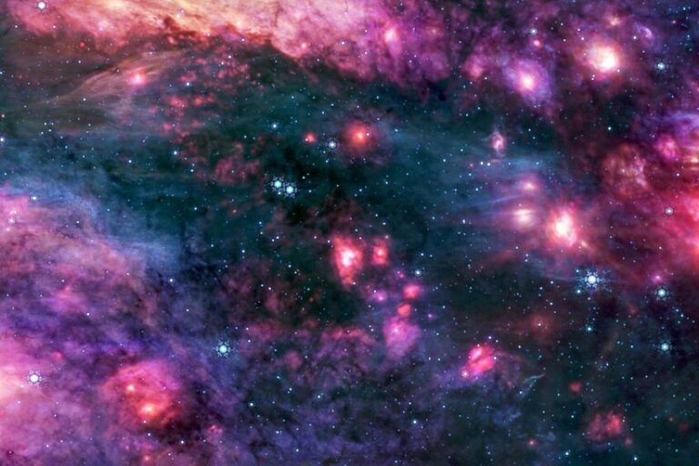 Snímek formování hvězd v galaxii Střelce B2 pořízený ve střední infračervené oblasti pořízený vesmírným dalekohledem Jamese Webba. Foto: europeanspaceagency/Creative Commons/CC BY-SA 4.0