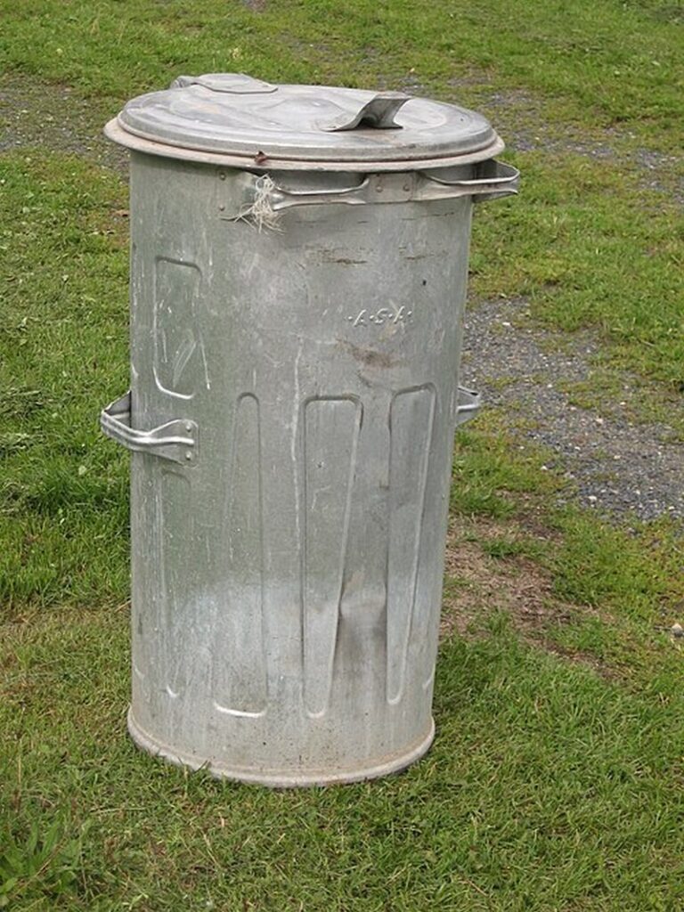 Klasická popelnice tak, jak stála před mnoha domy v Čechách. Dnes je nahrazena černými plastovými nádobami.
