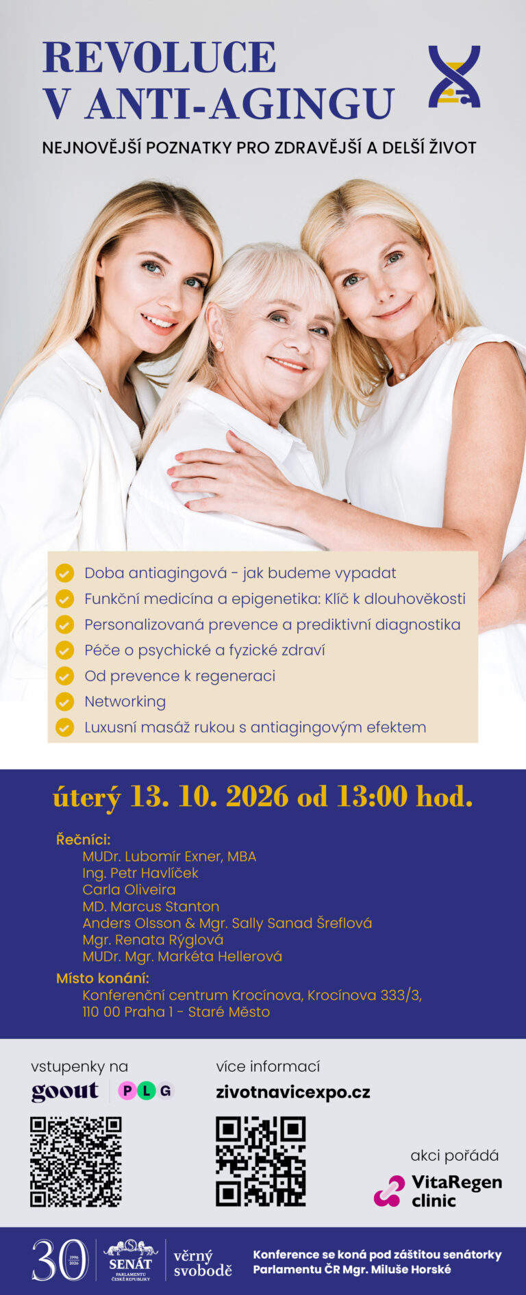 Konference Revoluce v anti-agingu: Nejnovější poznatky pro zdravější a delší život, 13. října 2026 v Praze.