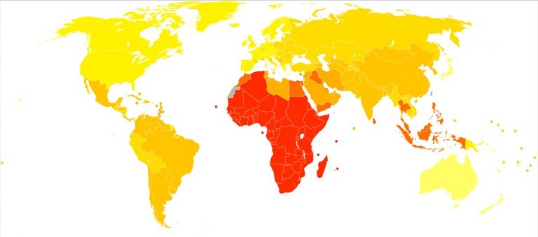 Rozšíření zeleného zákalu ve světě, čím červenější plocha, tím větší počet nemocných.