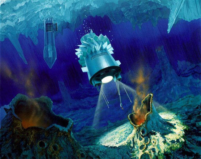 Umělecká představa kryorobota pod ledovým povrchem Europy.