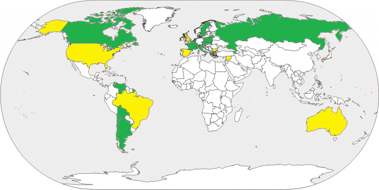 Zeleně státy, které genocidu uznaly, žlutě státy, které ji uznaly částečně.