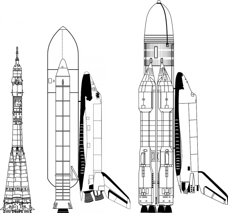 Porovnání velikosti rakety Sojuz, Amerického raketoplánu, a soustavy Eněrgija-Buran.