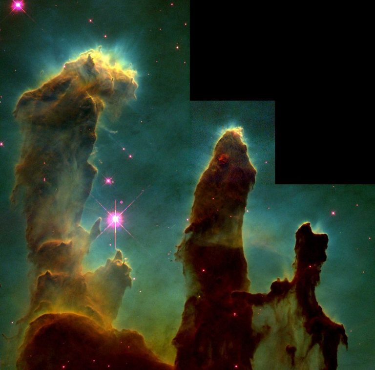 Jeden z nejznámějších obrázků Hubbleova dalekohledu tzv. sloupy stvoření, oblast v Orlí mlhovině, ve které se rodí nové hvězdy.