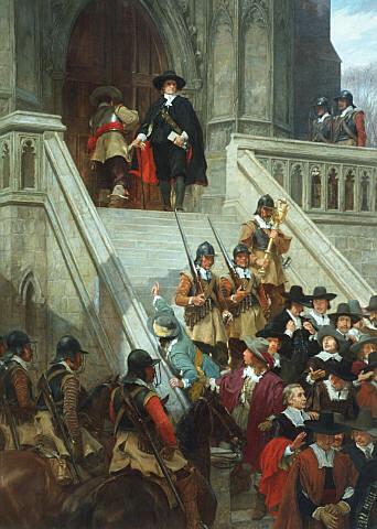 Oliver Cromwell u parlamentu. Poslanci odhlasují, aby se svátky obešly bez přežírání a opíjení.