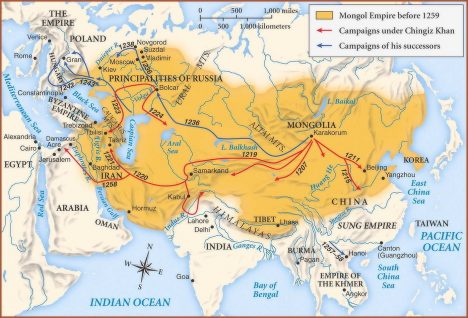 Mongolská říše patřila k největším impériím v dějinách. Kolem roku 1241 se rozkládala od Tichého oceánu až po Černé moře. 