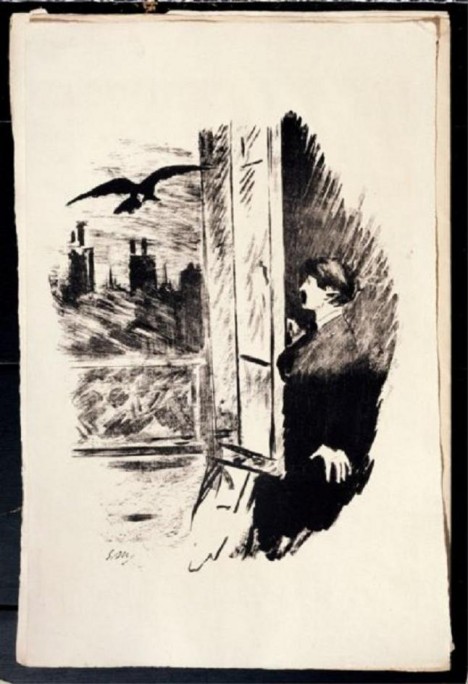 Ilustrace ke slavné Poeově básni Havran od malíře Edouarda Maneta. Ani literární úspěch nedokáže zklidnit Poeův životní styl.