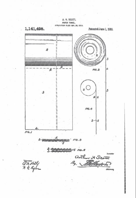 Patent obchodníka a papírenského výrobce Arthura Scotta obsahuje nákres systému uchycení a odvíjení papírových ručníků.