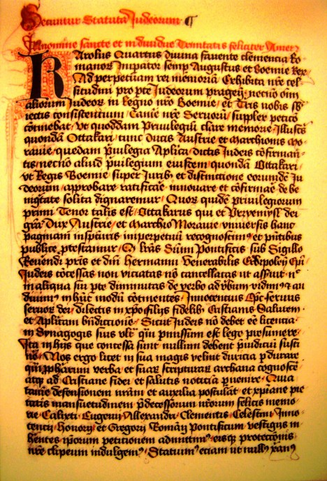 Statuta judaeorum, listinu potvrzující ochranu Židů a jejich práva, vydává český král Karel IV.