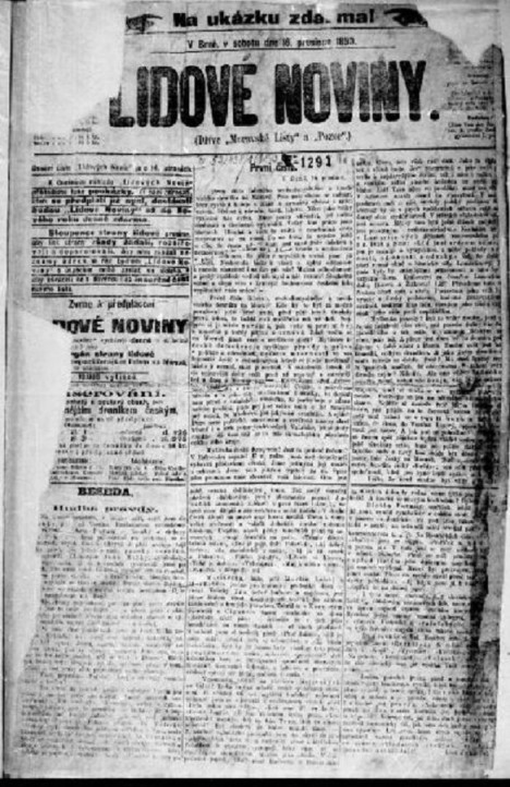 Titulní strana Lidových novin, první vydání ze 16. prosince 1893. Za první republiky k jejich vydavateli měl blízký vztah i prezident Masaryk.